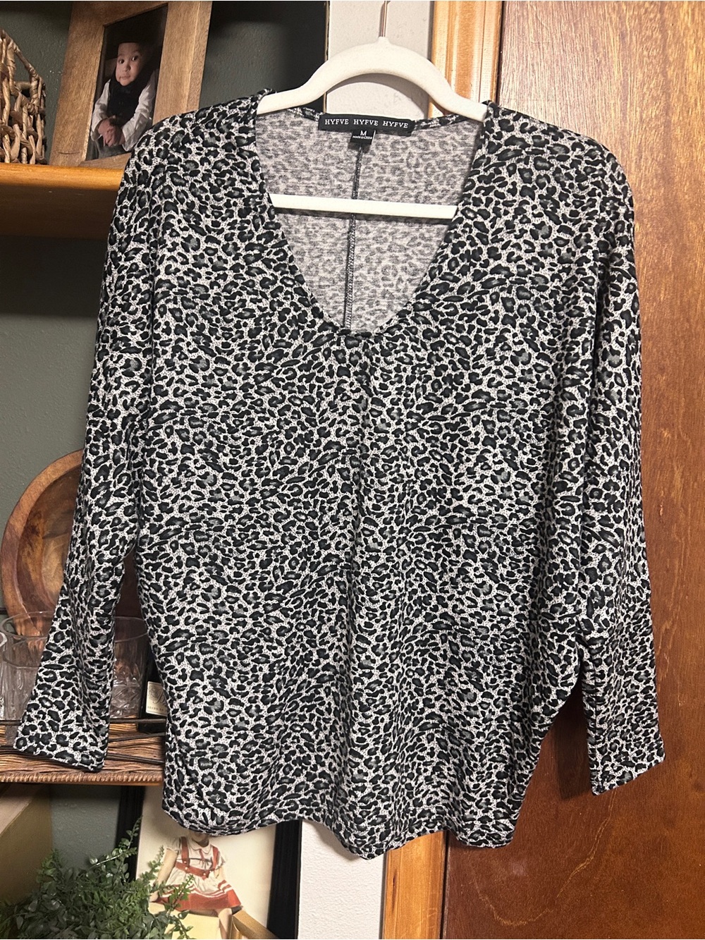 HYFVE Black and White Leopard Print V-Neck Long Sleeve Top Low V Never Worn